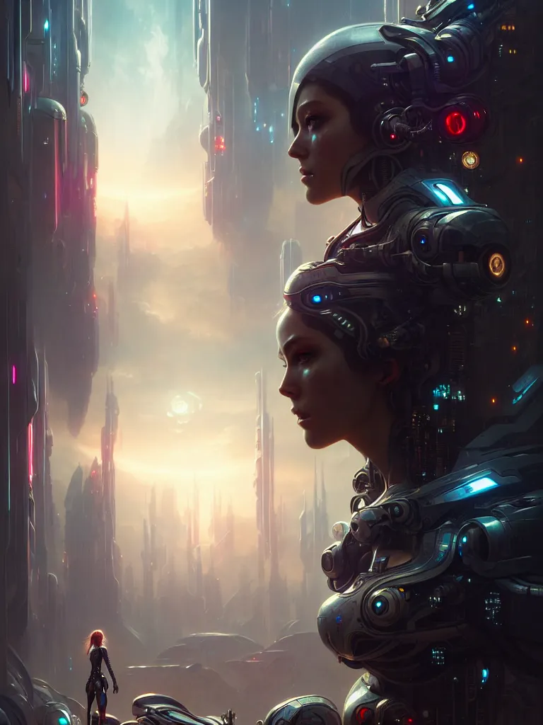 Image similar to ultra realistic, beautiful female cyborg lost in a space metropolis, sci-fi, cyberpunk, concept art, intricate details, eerie, highly detailed, octane render, 8k, , art by artgerm and greg rutkowski and alphonse mucha