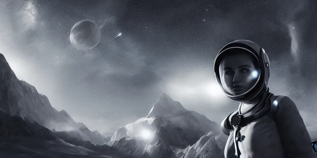 Image similar to portrait of a woman wearing a space helmet, scifi, gigantic mountains visible in the background, big clouds, stars in the sky, 8k, unreal engine, charcoal portrait, drawing
