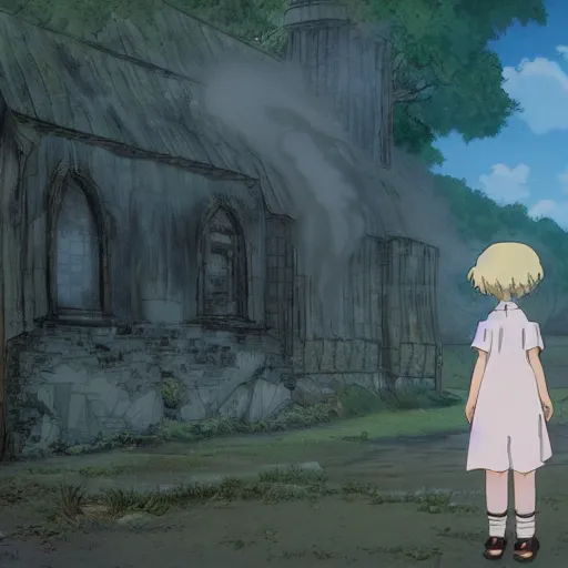 Prompt: ghost of a young girl, a burnt out church, wisps of smoke, photorealism, cel shaded, studio ghibli, hayao miyazaki