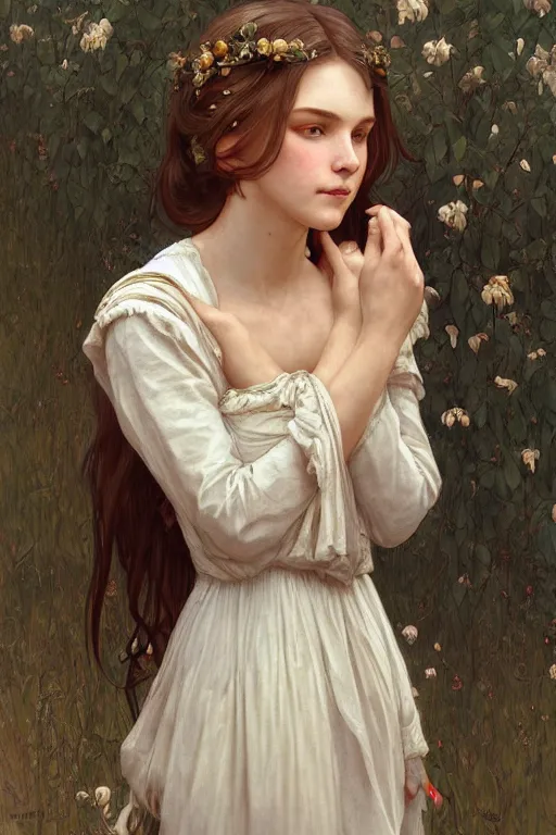 Image similar to beautiful cottagecore young peasant maiden, innocent, intricate, elegant, highly detailed, digital painting, artstation, concept art, smooth, sharp focus, illustration, art by artgerm and greg rutkowski and alphonse mucha