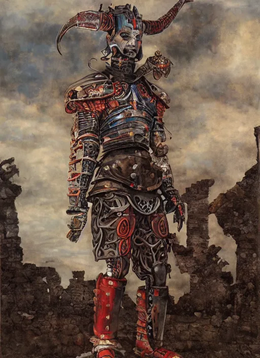 Image similar to portrait of a diabolical cyborg clown samurai, torn cape, adaptive armor, dynamic pose, heavy eyes to the side, ancient ruins, glowing veins subsurface scattering, in clouds, sunset, portrait, by gerald brom, by mikhail vrubel, by peter elson, muted colors, extreme detail, reflections, trending on artstation, 8 k