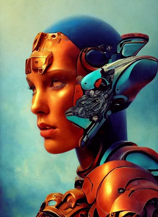 Image similar to ( ( symmetry ) ) closeup portrait of a stunning armored cyborg girl ( ( ( crying in tears ) ) ), ( bird in hands ), strong cinematic light, backlit, teal orange, viscous volumetric smoke, mist, by gerald brom, by mikhail vrubel, by peter elson, muted colors, extreme detail, trending on artstation, 8 k