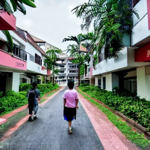 Prompt: walking through an old housing estate in singapore