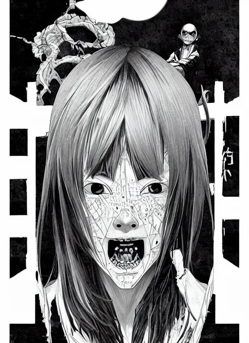 Image similar to digital _ painting _ of _ japanese horror manga horror black and white _ by _ filipe _ pagliuso _ and _ justin _ gerard _ symmetric _ fantasy _ highly _ detailed _ realistic _ intricate _ port