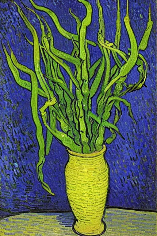 Image similar to Fiddleheads, painted by Vincent Van Gogh (1890), oil on canvas, detailed brushstrokes