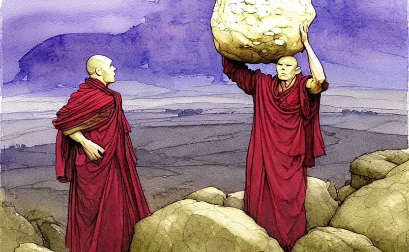 Prompt: a hyperrealist watercolour concept art of a monk holding a huge rock over his head. it is a misty night on the moors of ireland. by rebecca guay, michael kaluta, charles vess and jean moebius giraud