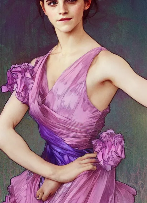 Image similar to emma watson wearing revealing pink and purple silk dress with flounces. beautiful detailed face. by artgerm and greg rutkowski and alphonse mucha