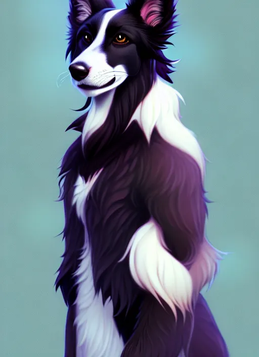 Prompt: wide angle beautiful full body portrait of a cute male anthropomorphic anthro border collie fursona looking directly at you, character design by charlie bowater, henry asencio, and ross tran, furry art, furaffinity, beautiful, glamor pose, detailed, aesthetic, trending on artstation