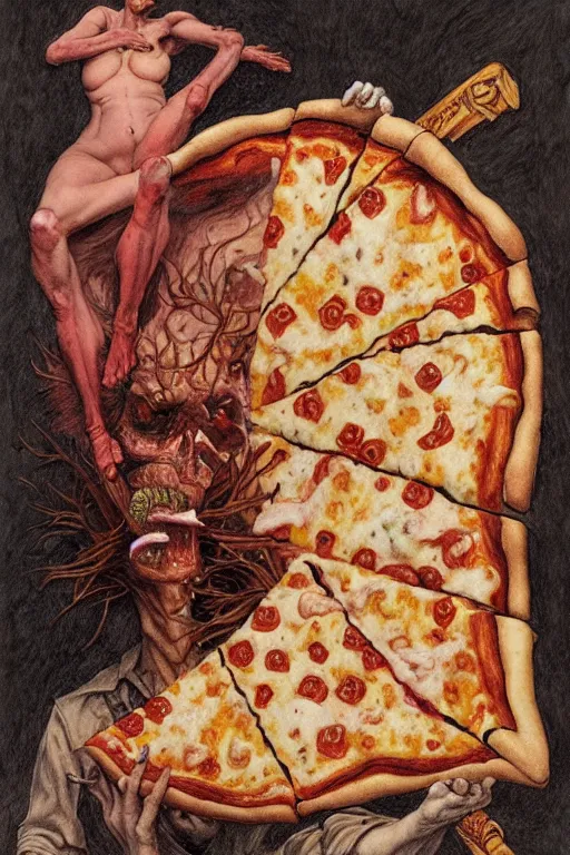 Image similar to an pizza in the style of wayne barlowe, gustav moreau, goward, bussiere, roberto ferri, santiago caruso, luis ricardo falero, austin osman spare