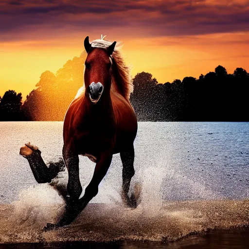 Prompt: a horse running on a lake, with sunset, photorealistic, cinematic, well detailed, HDR, 8k