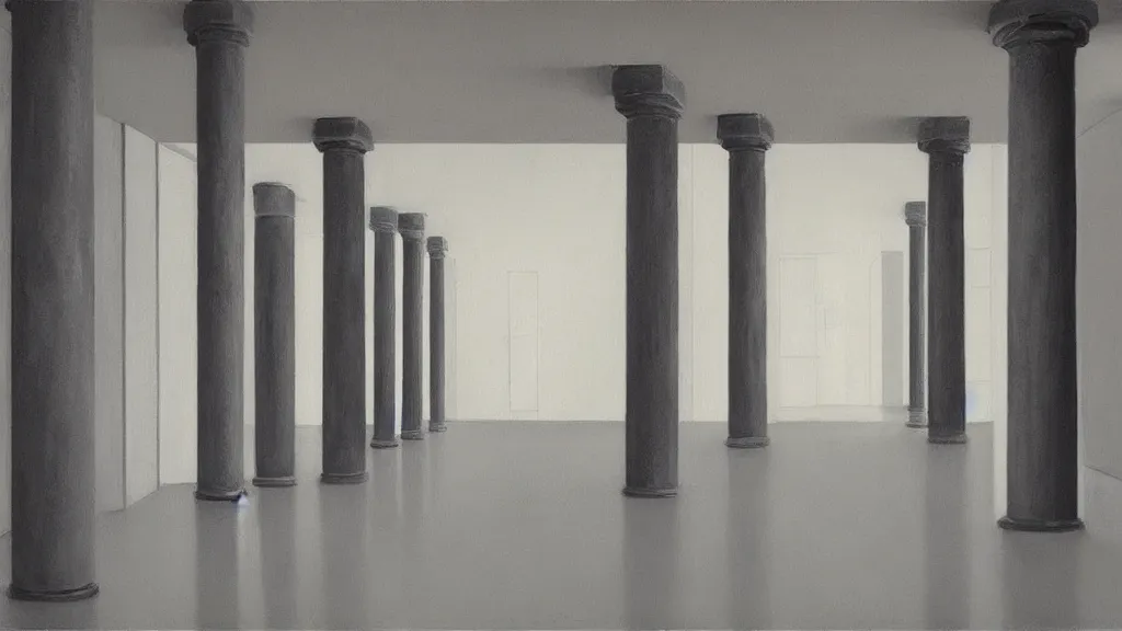 Image similar to minimalist industrial interior hallway with monolithic pillars in the style of ridley scott and stanley kubrick, realistic detailed painting by edward hopper