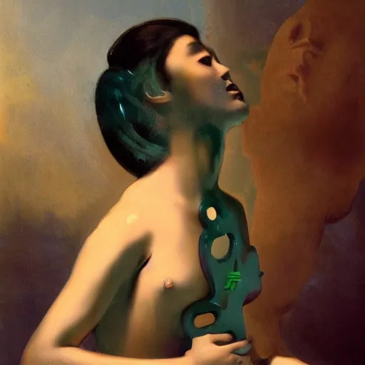 Image similar to art by camille corot, zeng fanzhi, teal chinese abstract shattered statue standing in god rays, beautiful female body and golden glue dripping acrylic portrait, mechanical superstructure, sacred geometry, supermodel body, beautiful light, statue of carving marble, intricate 8 k render, dark mood, cinematic light, golden spirals, clockwork