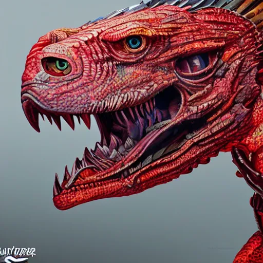 Image similar to 8k ultra realistic Illustration of a complete raptor with shining red eyes, detailed intricate ornate armour, decaing, cybernetic body, full of colour, cinematic lighting, battered, trending on artstation, 4k, hyperrealistic, focused, extreme details, unreal engine 5, cinematic, masterpiece