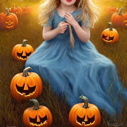 Prompt: a cute happy little girl with long golden blonde hair and blue eyes wearing a sky blue dress sitting amidst halloween decor, pumpkins, skulls. beautiful painting by raymond swanland and magali villanueve, beautiful detailed face.