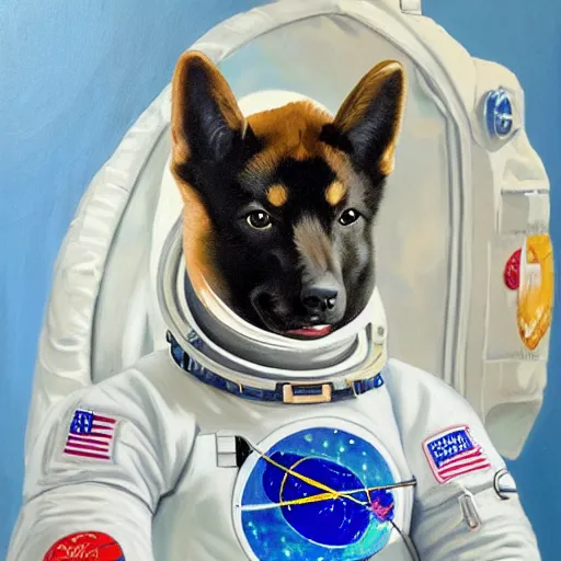 Image similar to oil painting of a shina inu in an astronaut suit