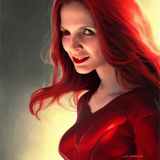 Prompt: Scarlet witch marvel, Sarah Michelle Gellar, evil smile, realistic character concept, medium shot, fun pose, comic book, illustration, slender symmetrical face and body, artstation, cinematic lighting, hyperdetailed, cgsociety, 8k, high resolution, Charlie Bowater, Tom Bagshaw, Norman Rockwell, symmetrical eyes, single face, insanely detailed and intricate, beautiful