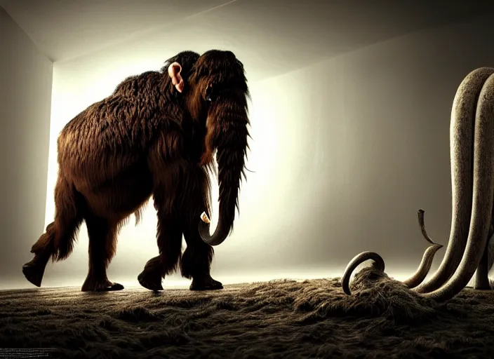 Image similar to hyperrealism, detailed textures, photorealistic, 3 d render, a surreal mystical wooly mammoth grazing, ultra realistic cinematic, intricate, cinematic light, concept art, illustration, art station, unreal engine