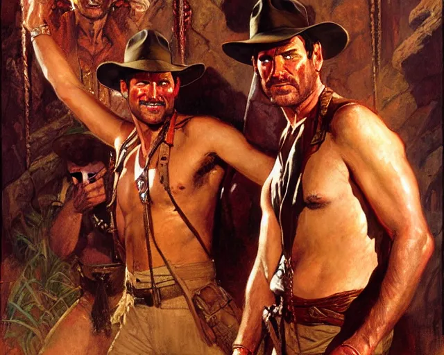 Prompt: indiana jones and the temple of doom, painting by gaston bussiere, craig mullins, j. c. leyendecker, tom of finland