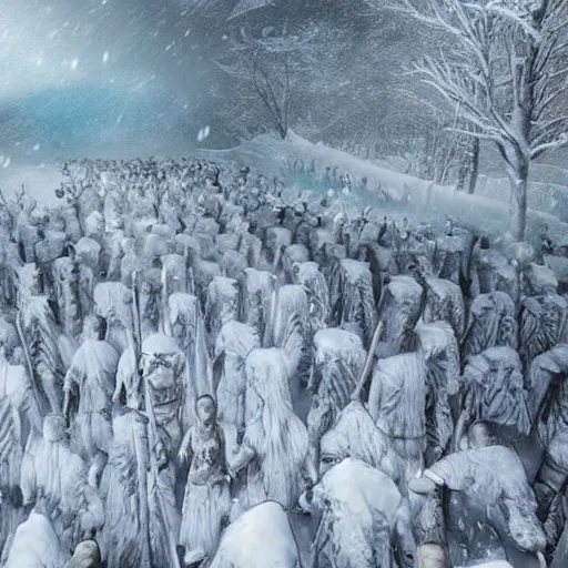 Prompt: White Walkers roam beyond the wall on a snowy night approaching The Wall, detailed, realistic, intricate, award winning photo in the style of Avatar The Last Airbender