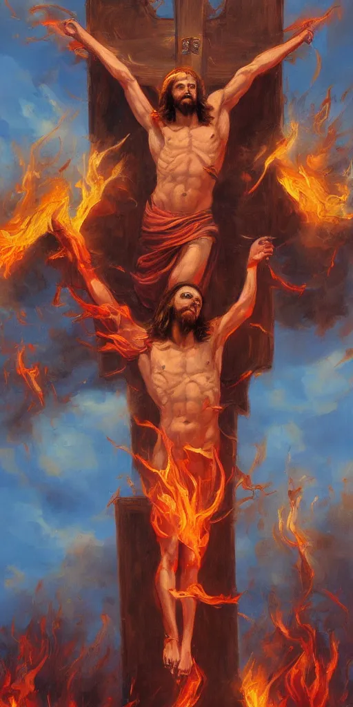 Prompt: Concept art of flaming Jesus on the cross, trending on artstation, oil on canvas, vivid color, ultra detailed.