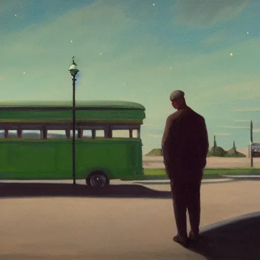 Image similar to a painting of a lonely man with a skull as his head waiting for the bus, green dramatic and cinematic light, the sky is full of stars, in the style of edward hopper, 4 k,