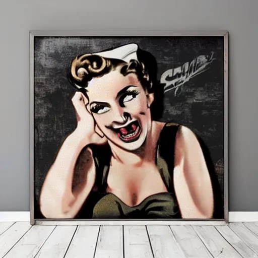 Image similar to rough rugged ww 2 nose art of a pinup girl on a black wall