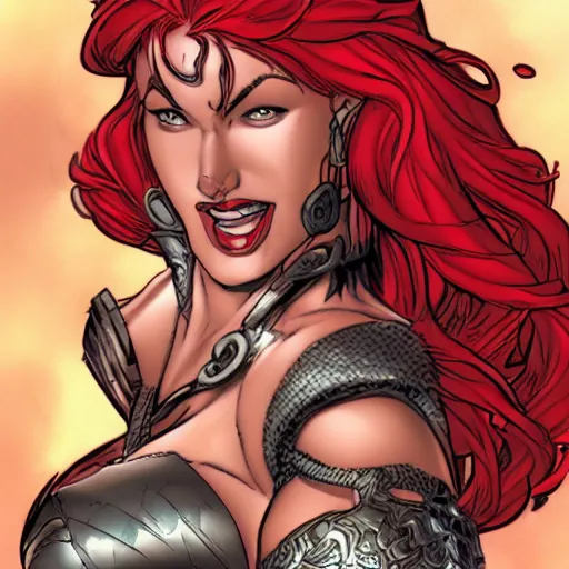Image similar to Red Sonja portrait by J. Scott Campbell, sly smile. Rule of thirds.