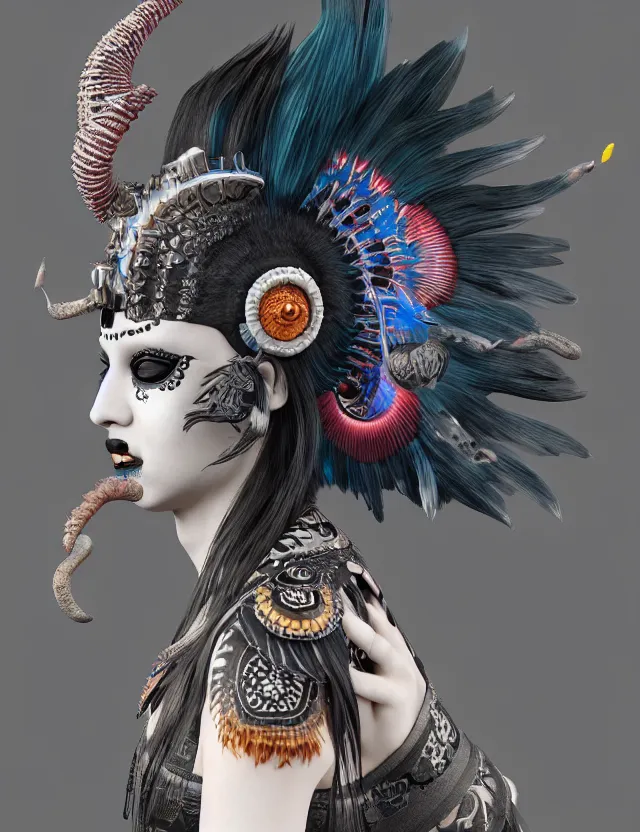 Image similar to 3 d goddess close - up profile portrait punk with mohawk with ram skull. beautiful intricately detailed japanese crow kitsune mask and clasical japanese kimono. betta fish, jellyfish phoenix, bio luminescent, plasma, ice, water, wind, creature, artwork by tooth wu and wlop and beeple and greg rutkowski