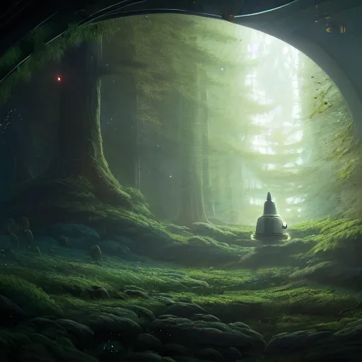 Image similar to , forest with big dome inside a spaceship, stephen bliss, misty, unreal engine, pixar, fantasy art by greg rutkowski, loish, ferdinand knab, and lois van rossdraws, global illumination, radiant light, minimalist, detailed and intricate environment