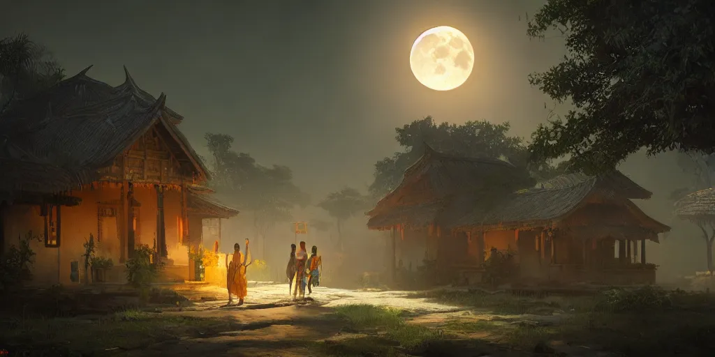 Image similar to moonlit kerala village, sharp focus, wide shot, trending on ArtStation, masterpiece, by Greg Rutkowski, by Ross Tran, by Fenghua Zhong, octane, soft render, ultrarealistic, colorful, cinematic, shadow of the tomb rider