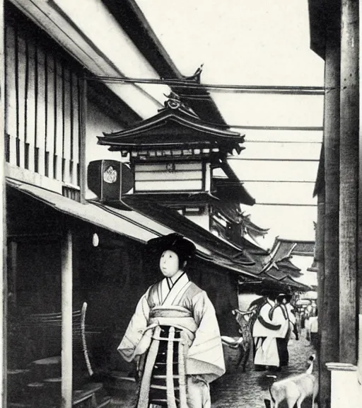 Image similar to 1 8 th century japanese street market in kyoto 1 9 0 0 s early photography portrait anthro anthropomorphic deer head animal person fursona wearing clothes street trader