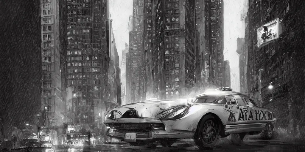 Image similar to cartoonish taxi through the streets of chicago, night time, noir film, character sheet, fine details, concept design, contrast, kim jung gi, greg rutkowski, trending on artstation, 8 k, full body, turnaround, front view, back view, ultra wide angle