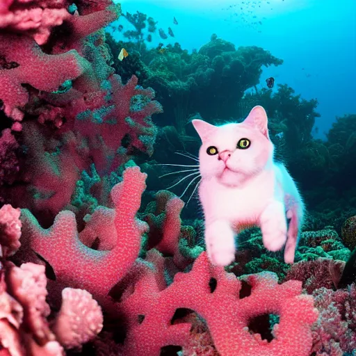 Prompt: a cat under water dives through a coral reef, 8k photography