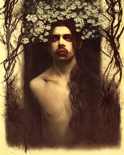 Prompt: a handsome but sinister and creepy man in layers of fear, with haunted eyes, violence in his eyes, tangled hair, 1 9 7 0 s, seventies, delicate embellishments, a little blood, woodland, moonlight shining on wildflowers, painterly, offset printing technique, by alexandre cabanel