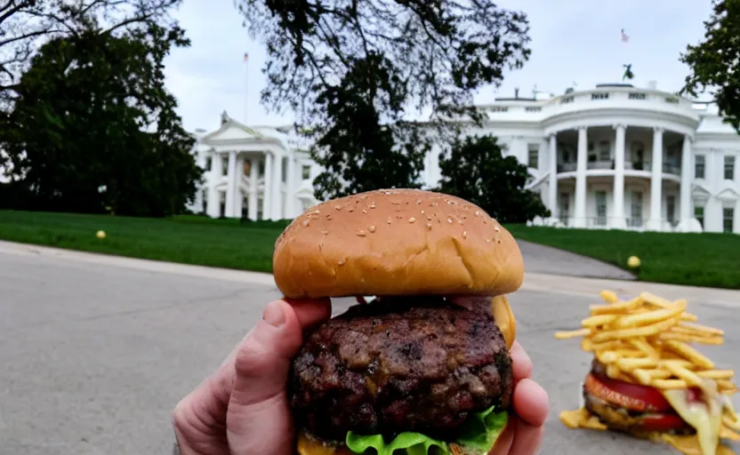 Prompt: a burger, in front of the white house, food photography