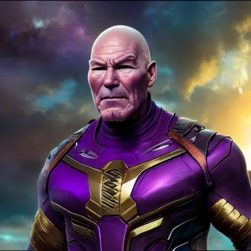 Prompt: Patrick Stewart as Thanos. 4k, realistic, high detail.