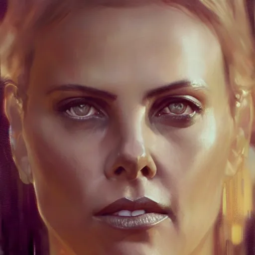 Image similar to charlize theron, hyperrealistic portrait, bladerunner street, art of elysium by jeremy mann and alphonse mucha, fantasy art, photo realistic, dynamic lighting, artstation, poster, volumetric lighting, very detailed face, 4 k, award winning