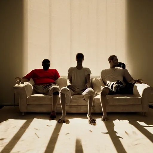 Image similar to gang members chilling around dirty couch in a beige room thick volumetric dust god rays shines through cheap blinds kinda atmosphere jonathan zawada style photography