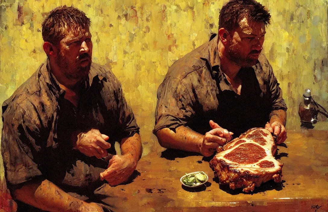 Image similar to a pork chop!!!!!!!!!!!!!!!!!!!!!!!!!!!, detailed face, detailed painting, epic lighting, by ilya repin, phil hale and kent williams