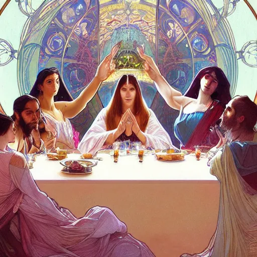 Image similar to The Last Supper Beautiful painting by Artgerm and Greg Rutkowski and Alphonse Mucha