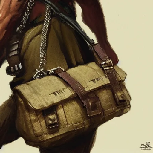 Prompt: close-up of bags attached to belt, small bags made of cotton, detail, style of Frank Frazetta, concept art, trending on artstation, Dungeon and Dragons