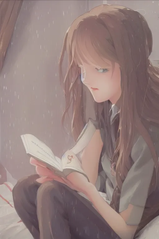 Image similar to a teenage girl in a jk uniform outfit in the bedroom reading a book in a night, raining outside the window, grey and orange theme ， wavy white long hair, by krenz cushart and mucha and akihito yoshida and greg rutkowski and makoto shinkai and wlop, detailed eyes, 4 k resolution