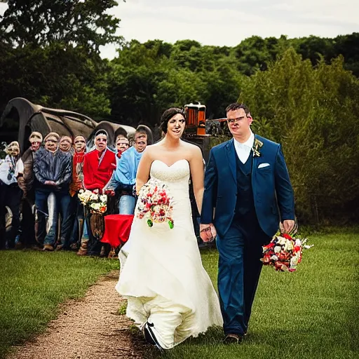 Prompt: “ a tractor getting married, walking down the aisle, wedding photography ”