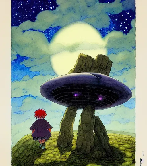 Image similar to hyperrealist studio ghibli watercolor fantasy concept art of an immense ufo from howl's moving castle sitting on stonehenge like a stool. it is a misty starry night. by rebecca guay, michael kaluta, charles vess