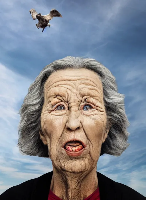 Prompt: terror a hyper realistic ultra realistic photograph of the 1000 foot tall grandma, highly detailed, 8k photo