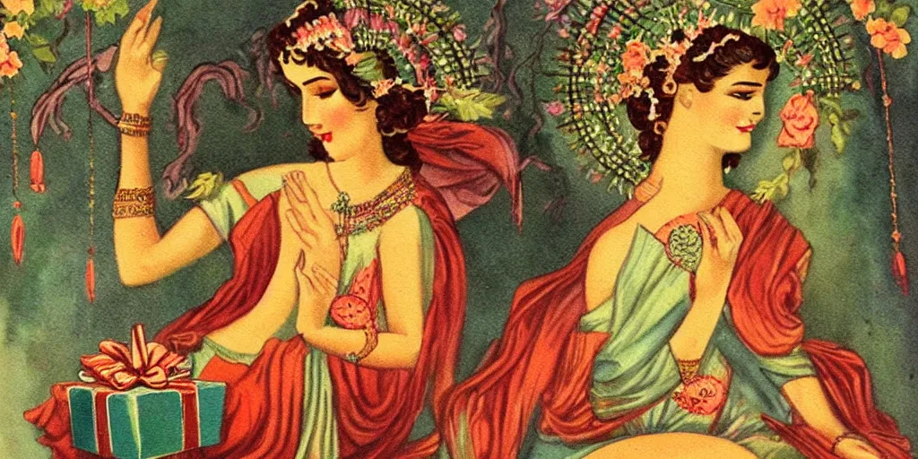 Image similar to vintage beautiful painting of goddess' gifts