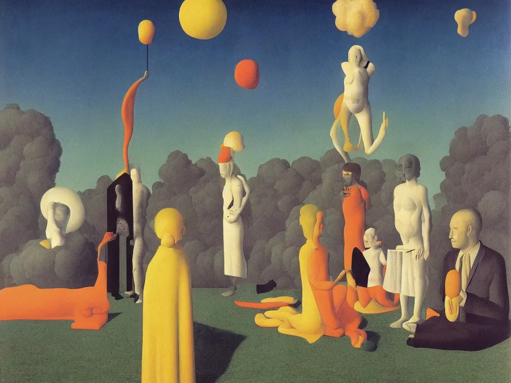 Image similar to cosmic lollipop with man and woman in meditation. painting by rene magritte, jan van eyck, max ernst, paul delvaux