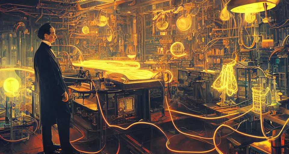 Image similar to nikolai tesla in his lab, electrical arcs, magical sparks, neon glow, highly detailed, digital art, intricate, dramatic lighting, retro futuristic, neon colors, cinematic, art by norman rockwell, greg rutkowski, james gurney, artgerm