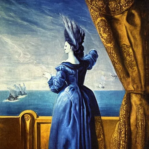 Image similar to Marie Antoinette levitating over the sea. El Greco, Remedios Varo, Salvador Dali, Carl Gustav Carus, John Atkinson Grimshaw. Blue tint. Symetrical, logo, geometric shapes.