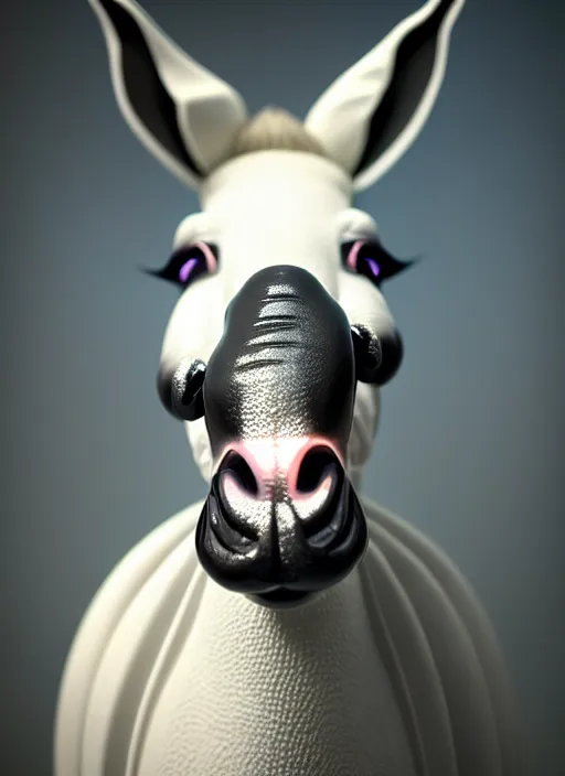 Image similar to hyper detailed ultra sharp portrait of a beautiful fashionable porcelain ivory donkey zombie with glowing eyes, up close shot, sharp focus, global illumination, radiant light, black haute couture, alexandre ferra, irakli nadar, octane render, 4 k, ultra hd,